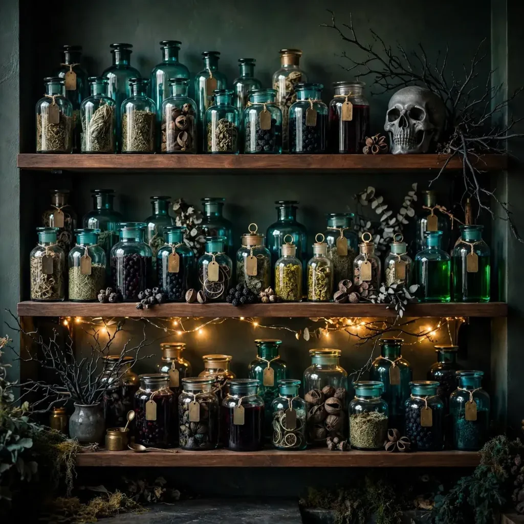 Dark moody open kitchen shelves styled with antique apothecary bottles, a decorative skull, and twisted branches with fairy lights