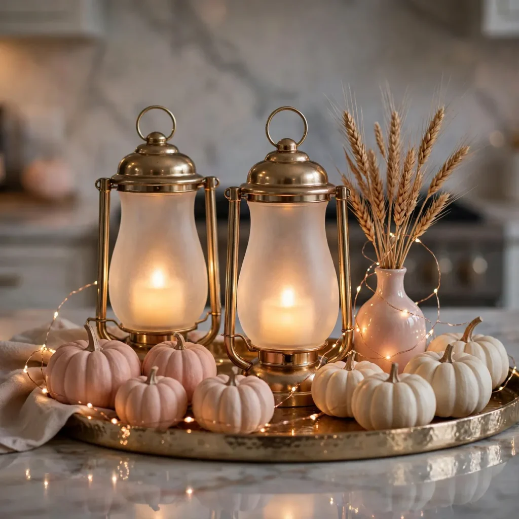 Two glowing frosted-glass lanterns surrounded by blush mini pumpkins and fairy lights on a gold tray