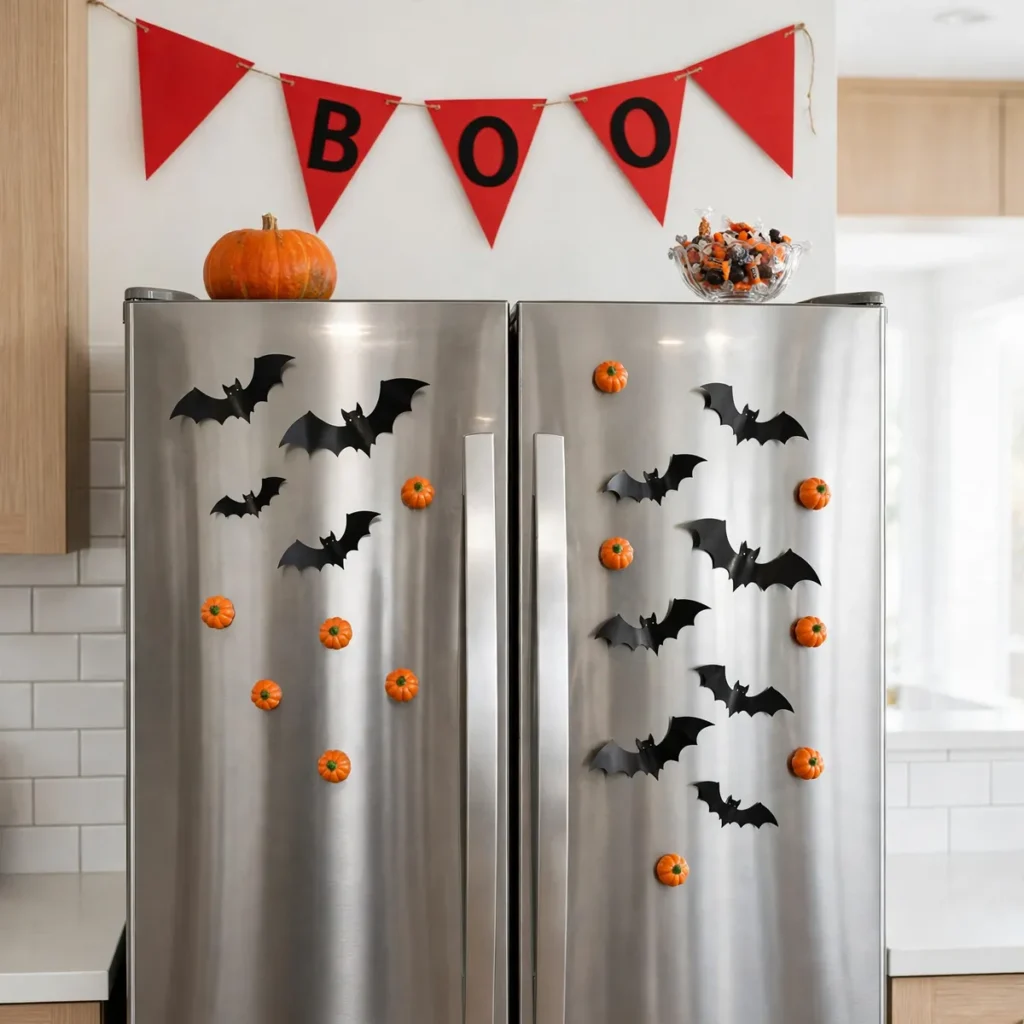Stainless steel refrigerator decorated for Halloween with bat decals, mini pumpkin magnets, and a red BOO pennant banner hung above it