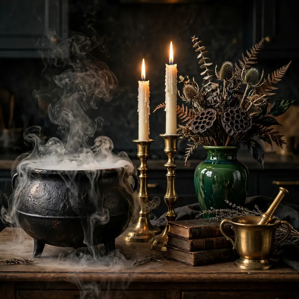 Moody Halloween still life with a smoking cauldron, tall taper candles in brass holders, and dried botanicals on a wooden table