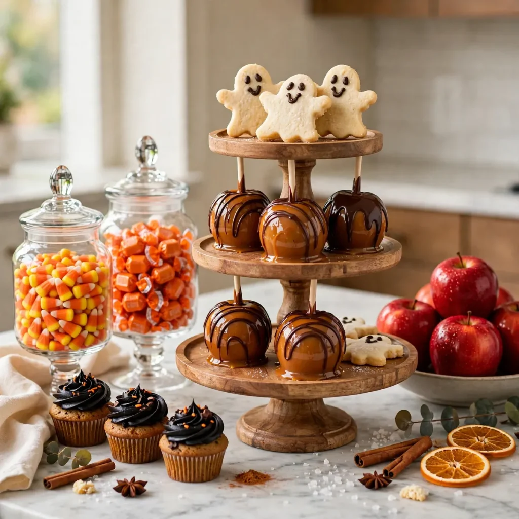 Tiered wooden stand with caramel apples, ghost-shaped cookies, and chocolate cupcakes beside glass jars of candy corn for Halloween