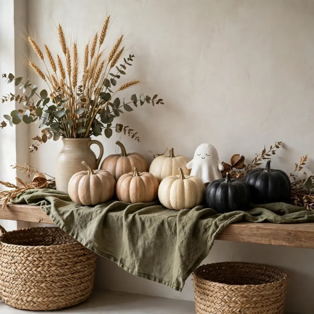 Halloween kitchen decor idea: wooden bench styled with pumpkins, a small white ghost figure, and a vase of dried wheat and eucalyptus