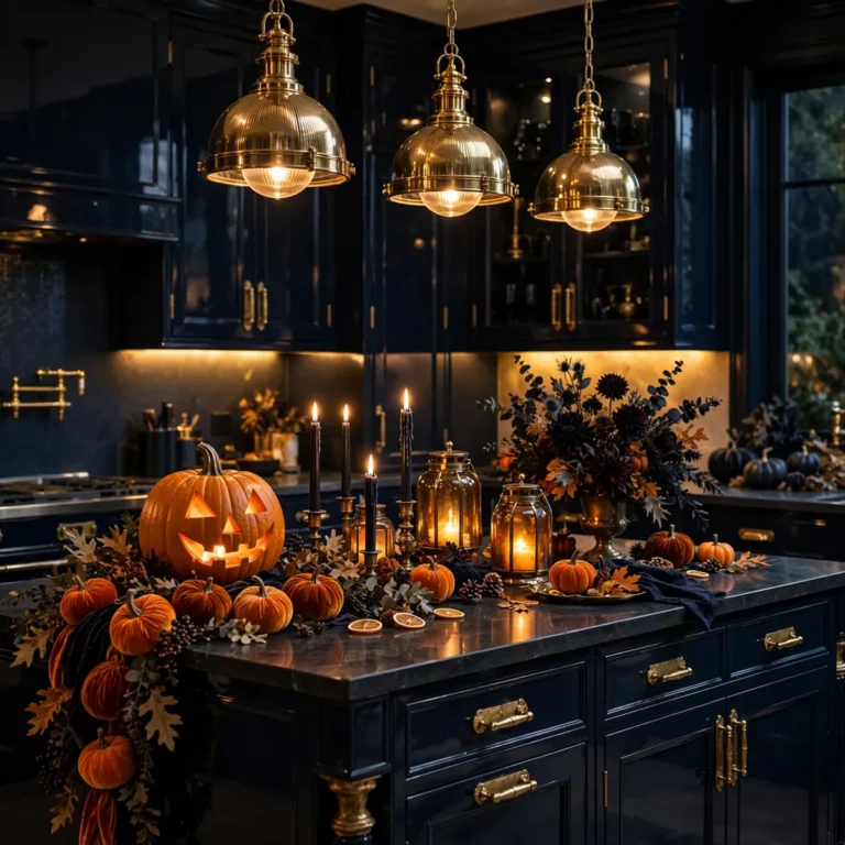Moody Halloween kitchen decor with a glowing jack-o-lantern, black taper candles, and brass pendant lights over a dark kitchen island