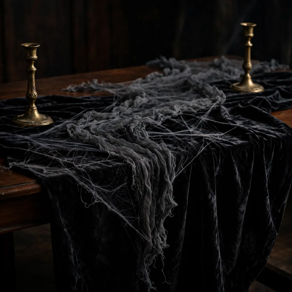 Black velvet tablecloth with gauzy cheesecloth runner — halloween table decor ideas