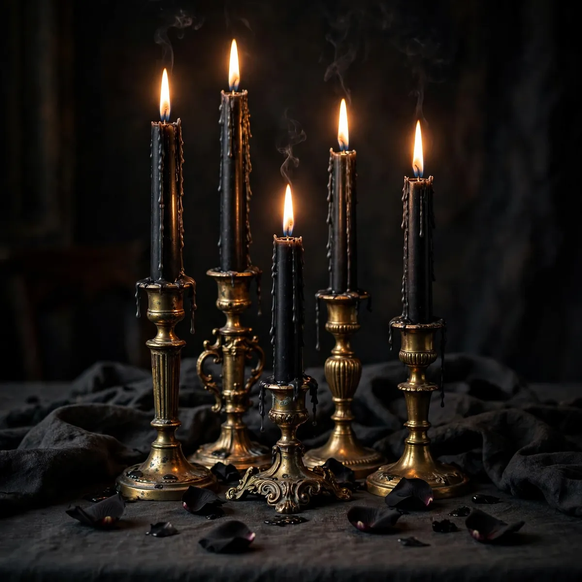 Cluster of black taper candles in brass holders — halloween table decor ideas