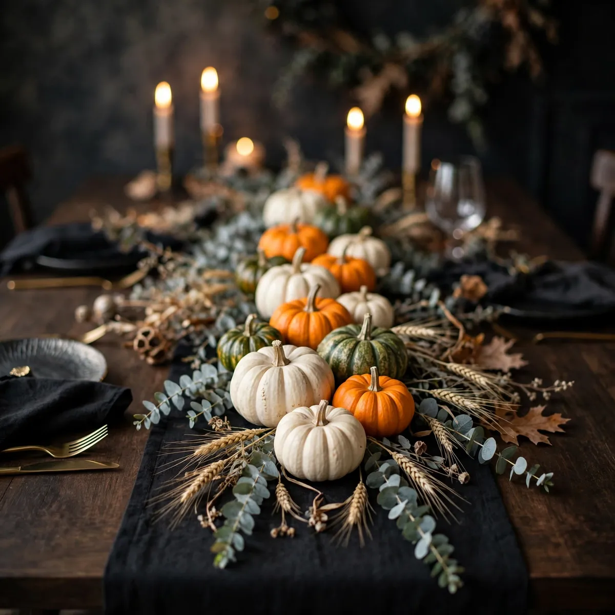 Mini pumpkin garland with eucalyptus on a black runner — halloween table decor ideas