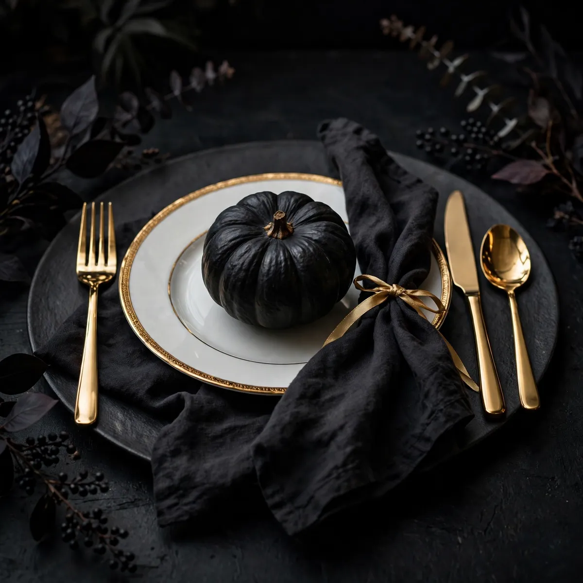 Black charger with gold-rimmed plate and gold flatware — halloween table decor ideas