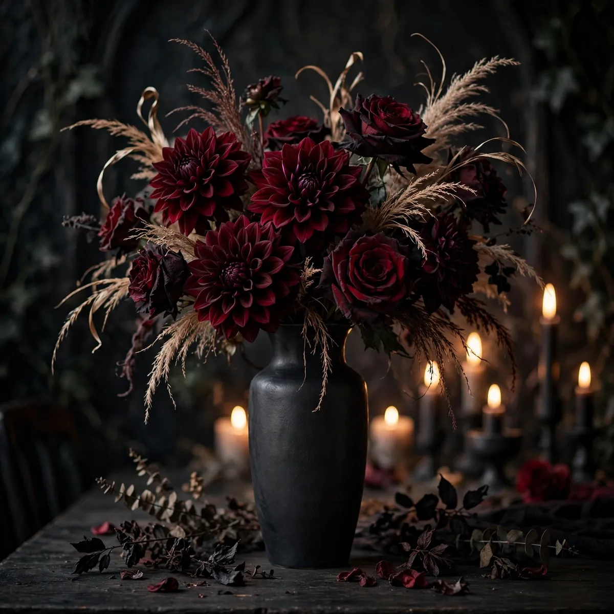 Burgundy dahlias in a black vase as a dark floral centerpiece — halloween table decor ideas