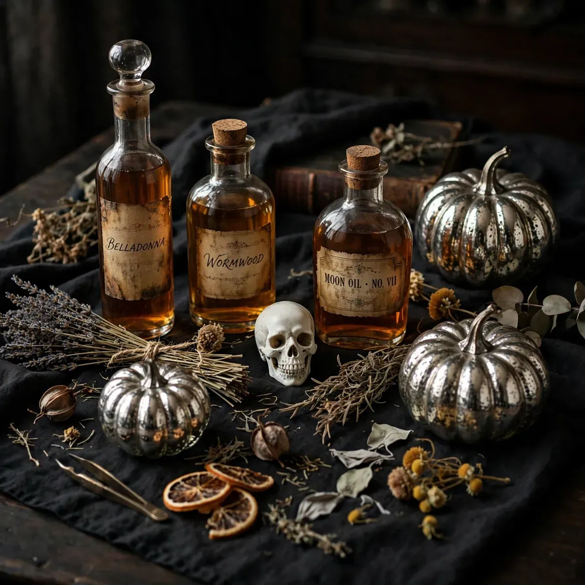 Apothecary potion bottles with skull and mercury glass pumpkins — halloween table decor ideas