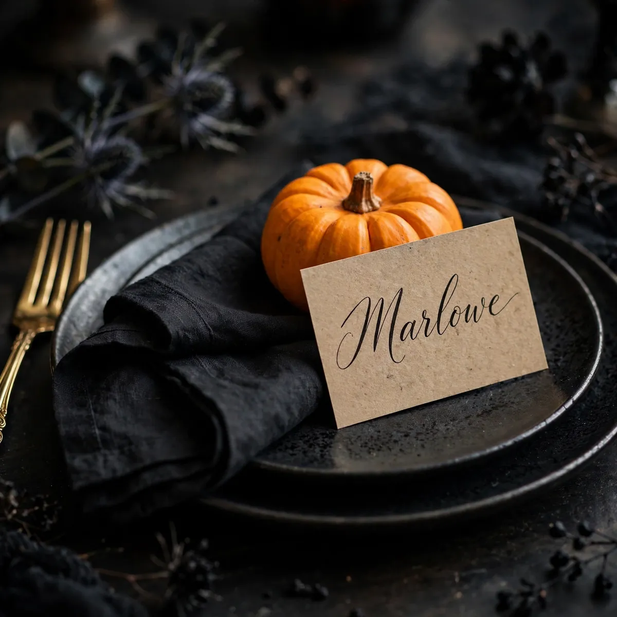 Handwritten name card with mini pumpkin on a dark plate — halloween table decor ideas