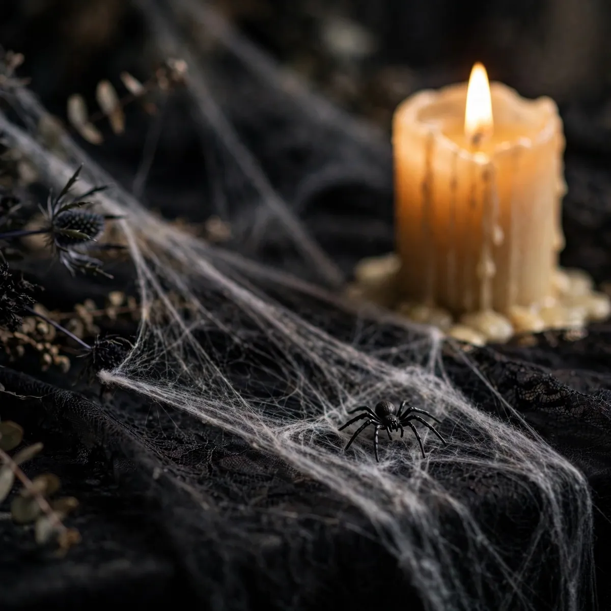 Black lace overlay with gauzy cobwebs and a candle — halloween table decor ideas