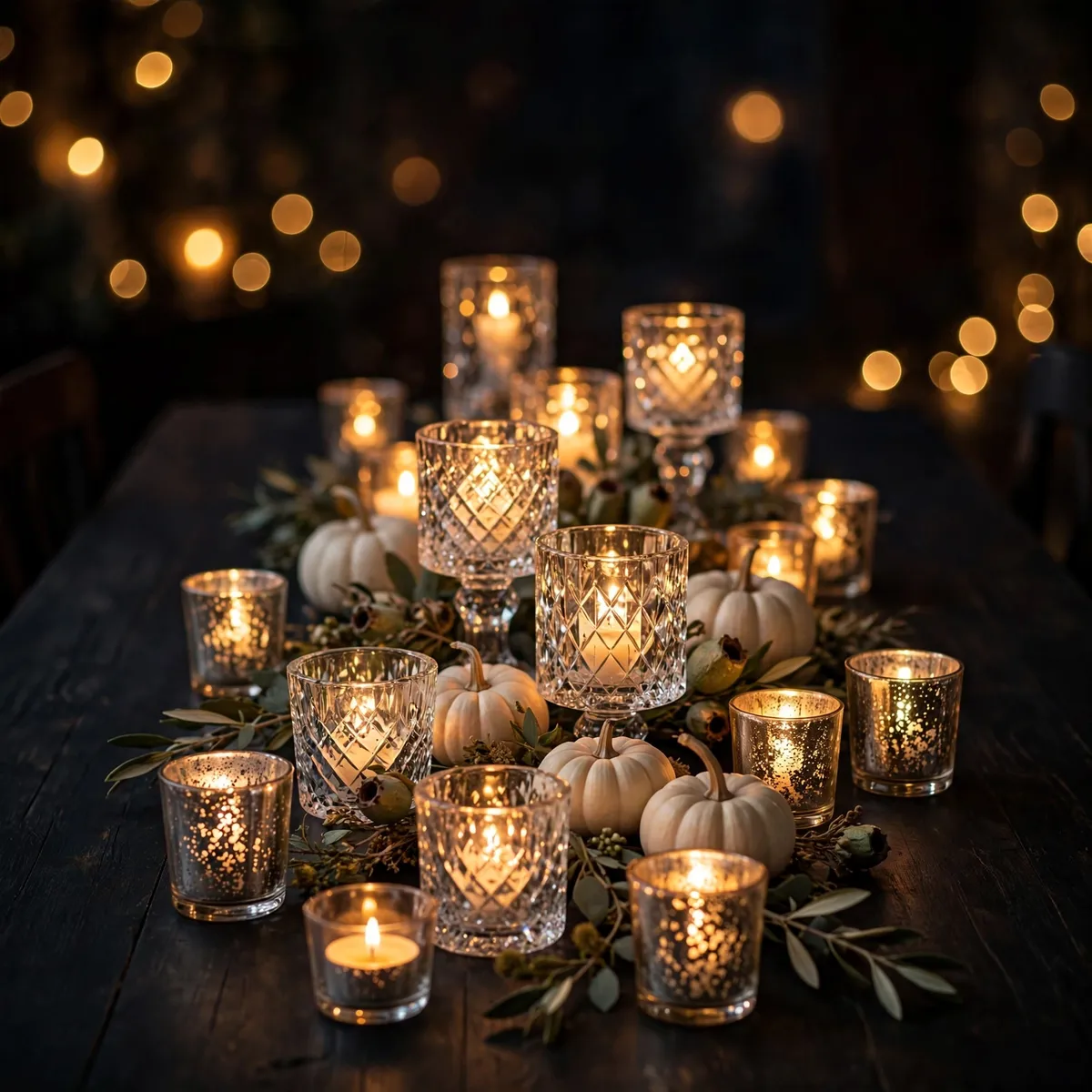 Glowing crystal votives and mercury glass tea lights — halloween table decor ideas