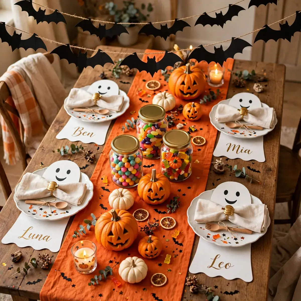 Playful orange Halloween table with candy jars and paper crafts — halloween table decor ideas