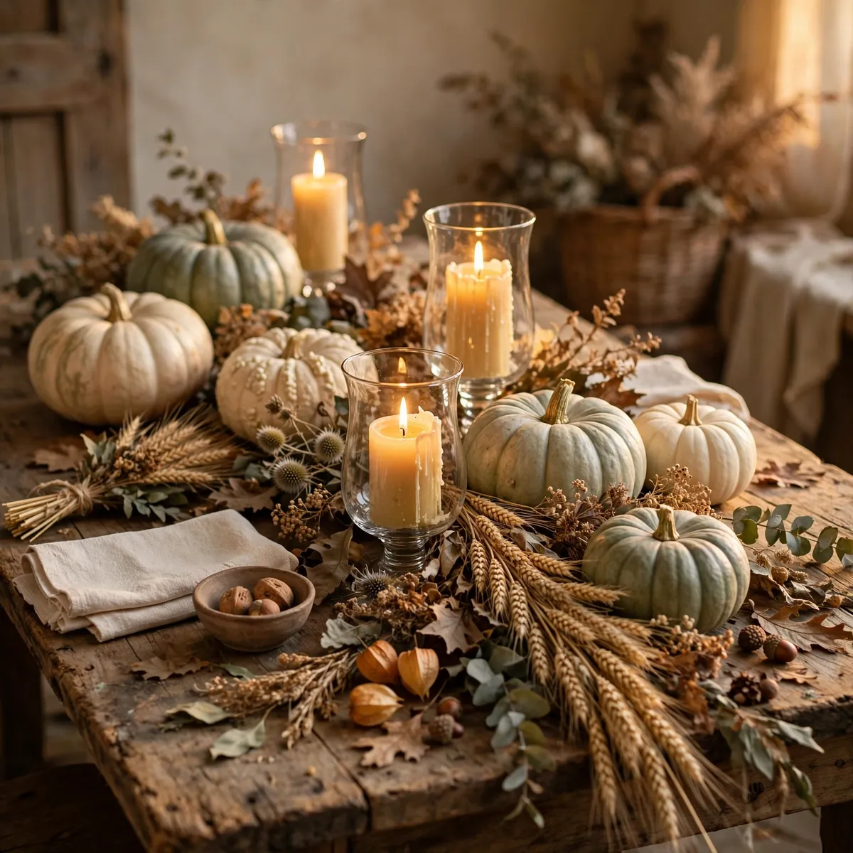 Harvest pumpkins and wheat on a rustic wooden table — halloween table decor ideas