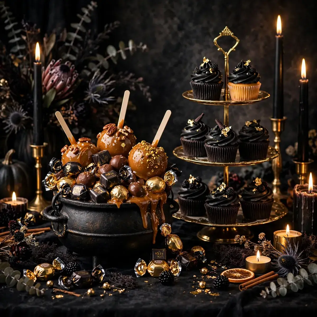 Black cauldron of candy with cupcakes as a dessert centerpiece — halloween table decor ideas
