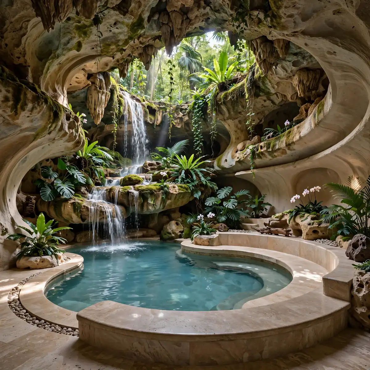indoor pool ideas: Tropical Cave Pool with Natural Waterfall