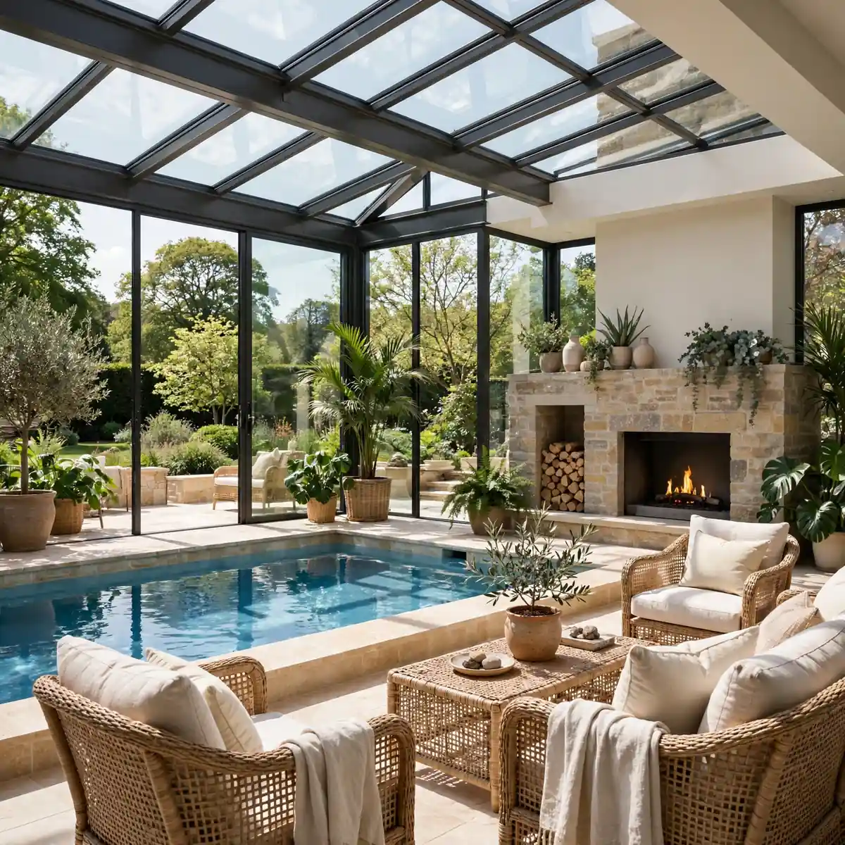 indoor pool ideas: Sunlit Conservatory Pool with Garden Views