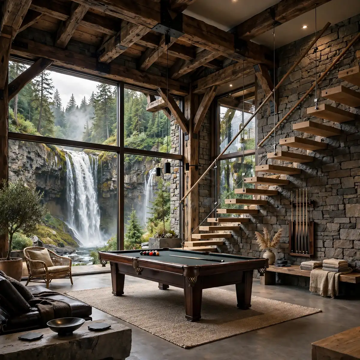 indoor pool ideas: Rustic Modern Pool with Waterfall Views