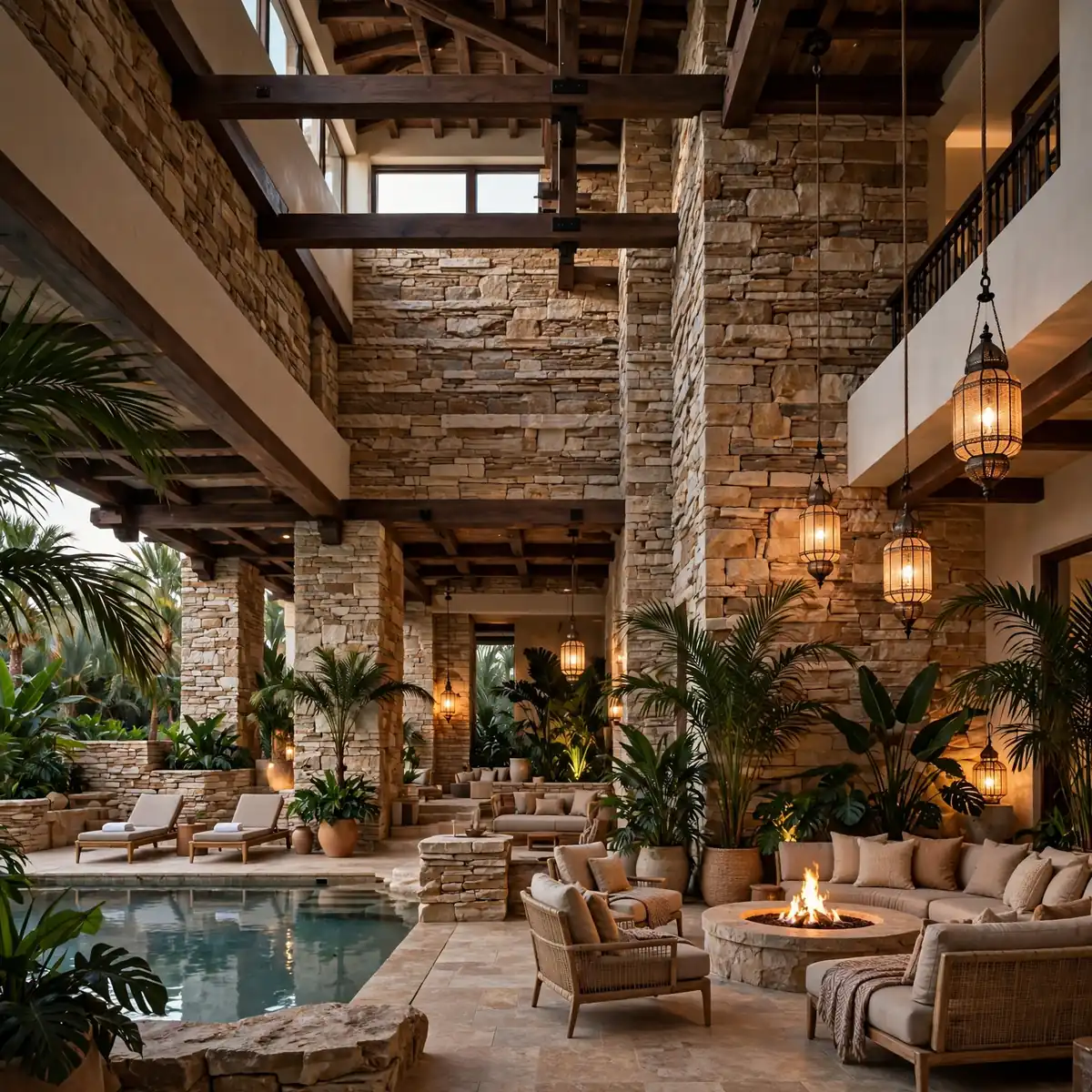 indoor pool ideas: Resort-Style Pool Lounge with Fire Pit
