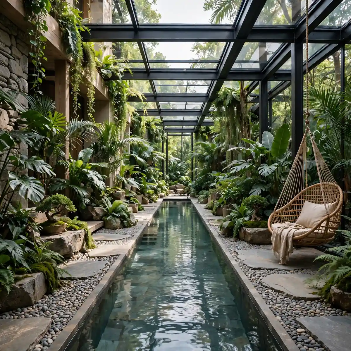 indoor pool ideas: Glass-Roof Lap Pool with Indoor Jungle