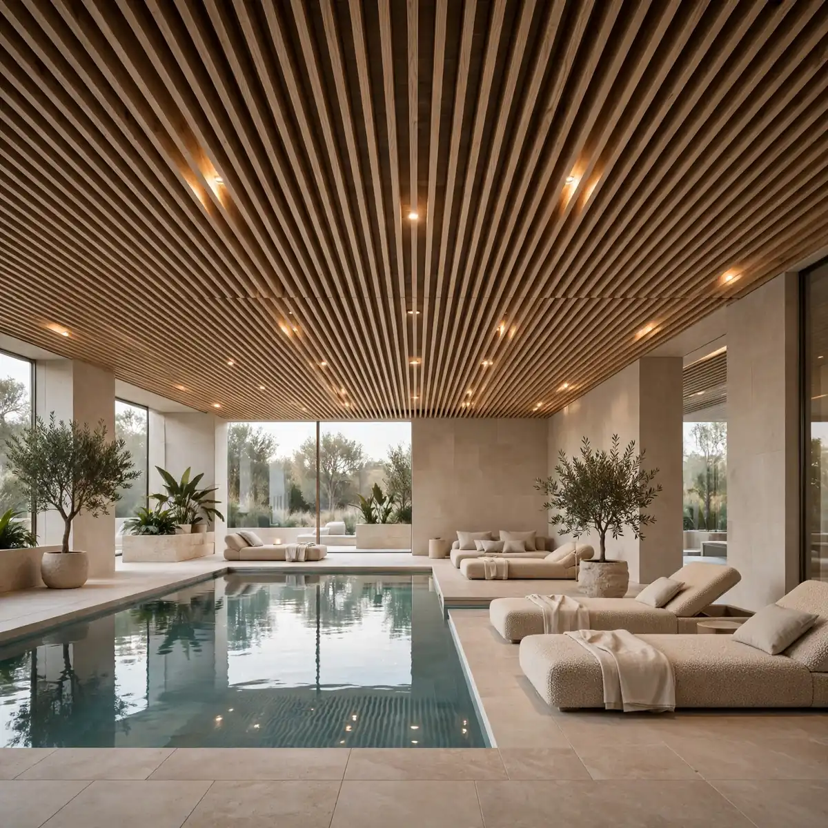 indoor pool ideas: Wood-Slat Ceiling Pool Retreat