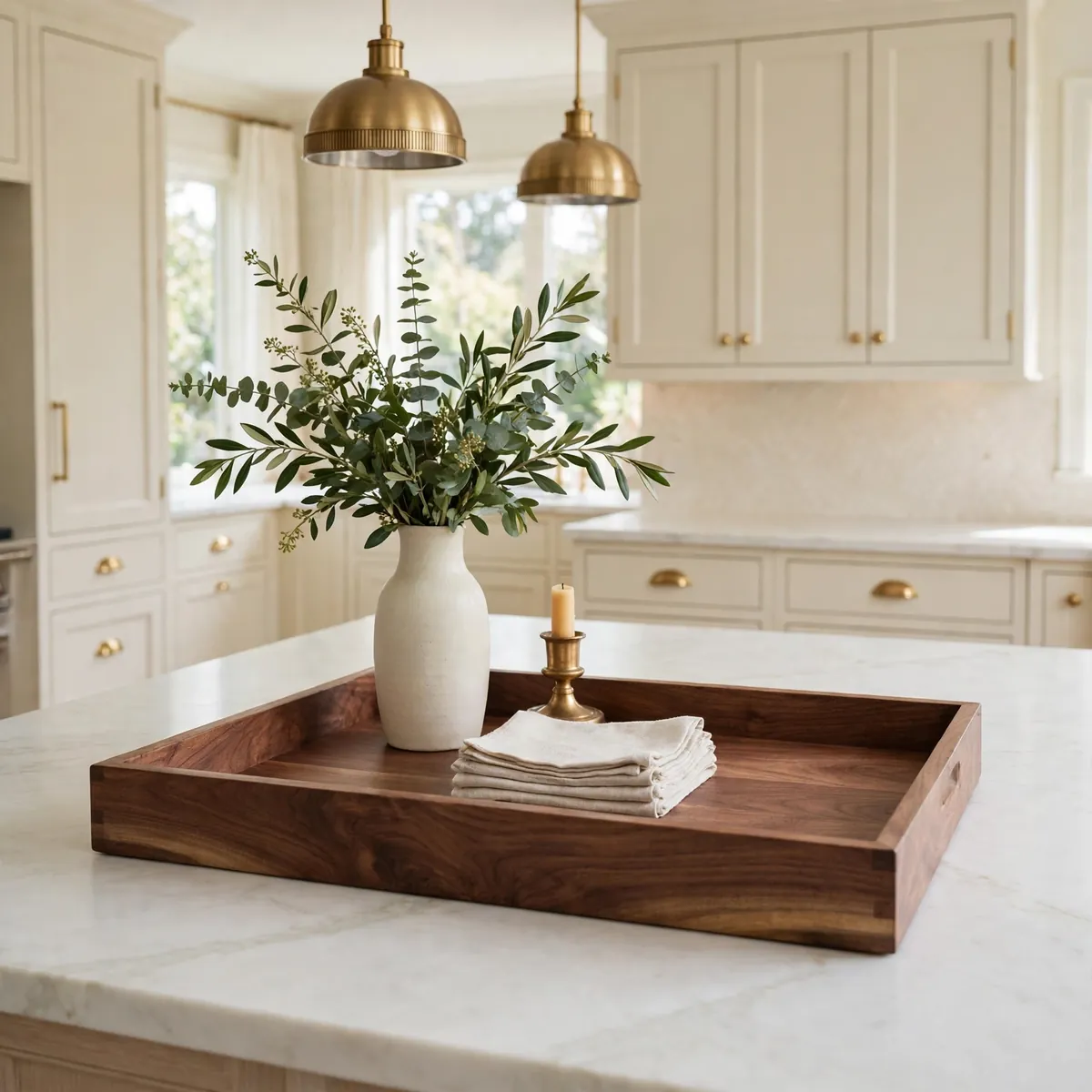 kitchen island decor ideas: luxury kitchen island styled with an oversized walnut tray holding ceramics and greenery