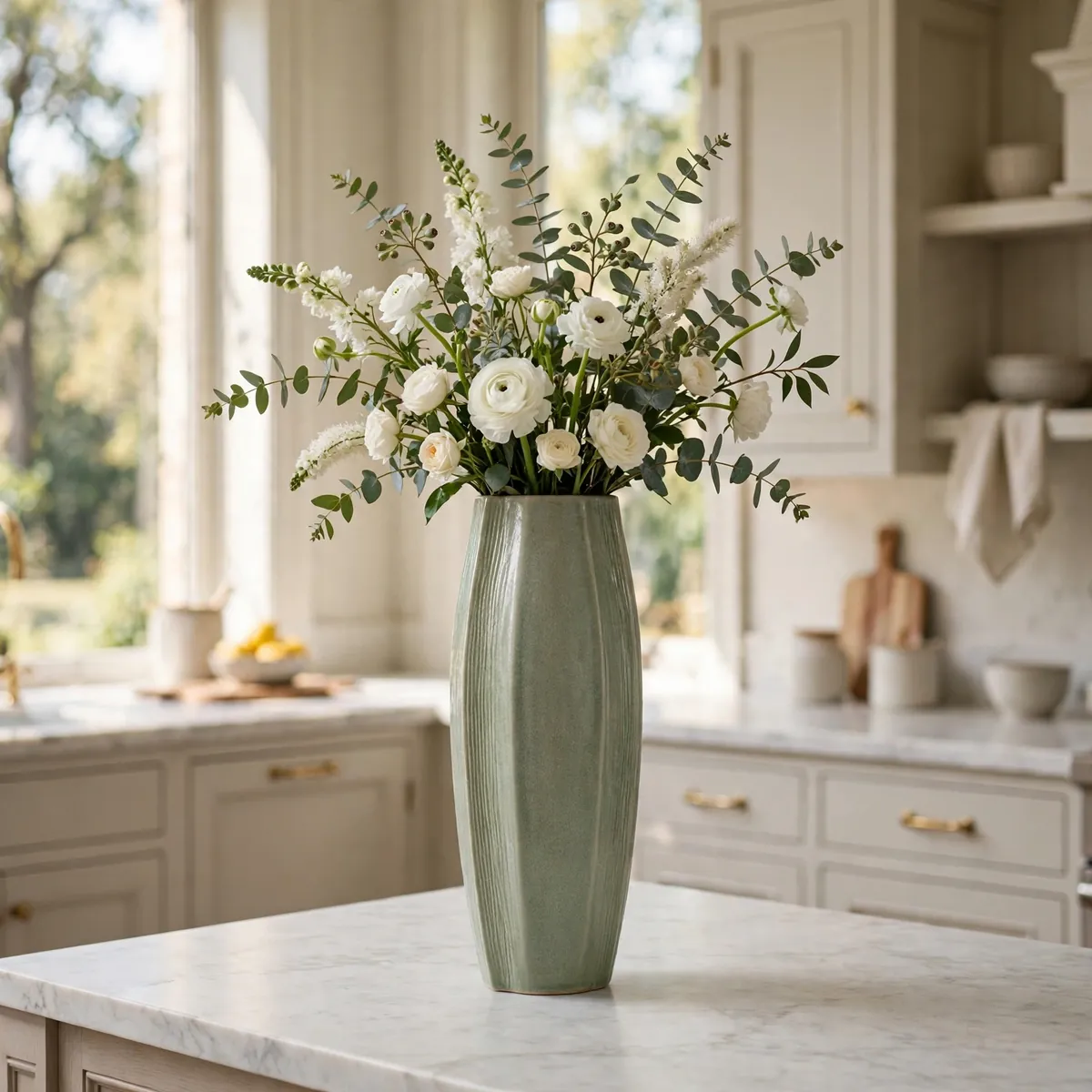 kitchen island decor ideas: tall sage green statement vase with fresh white flowers and eucalyptus on a marble island