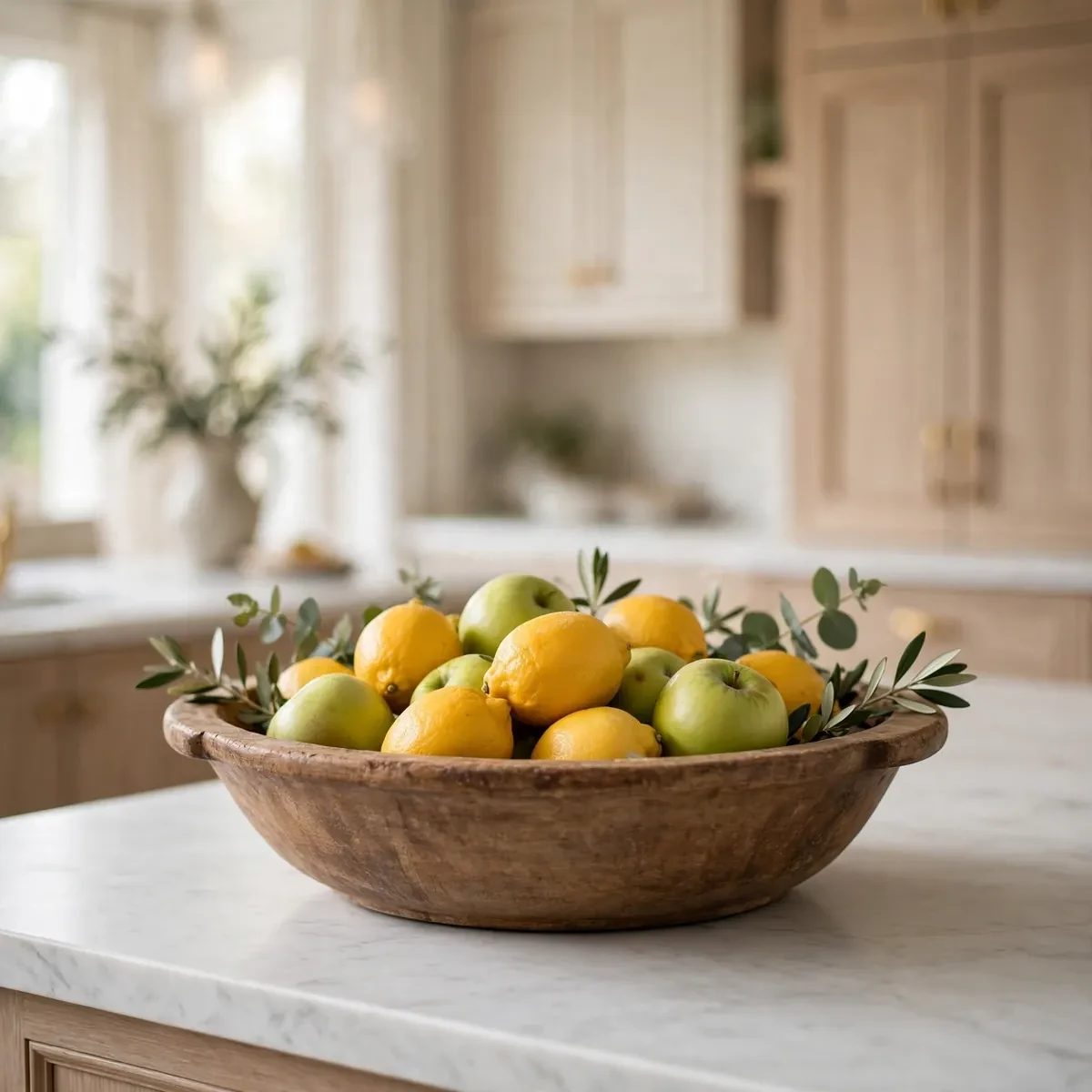kitchen island decor ideas: wide wooden dough bowl filled with fresh lemons and green apples on a kitchen island