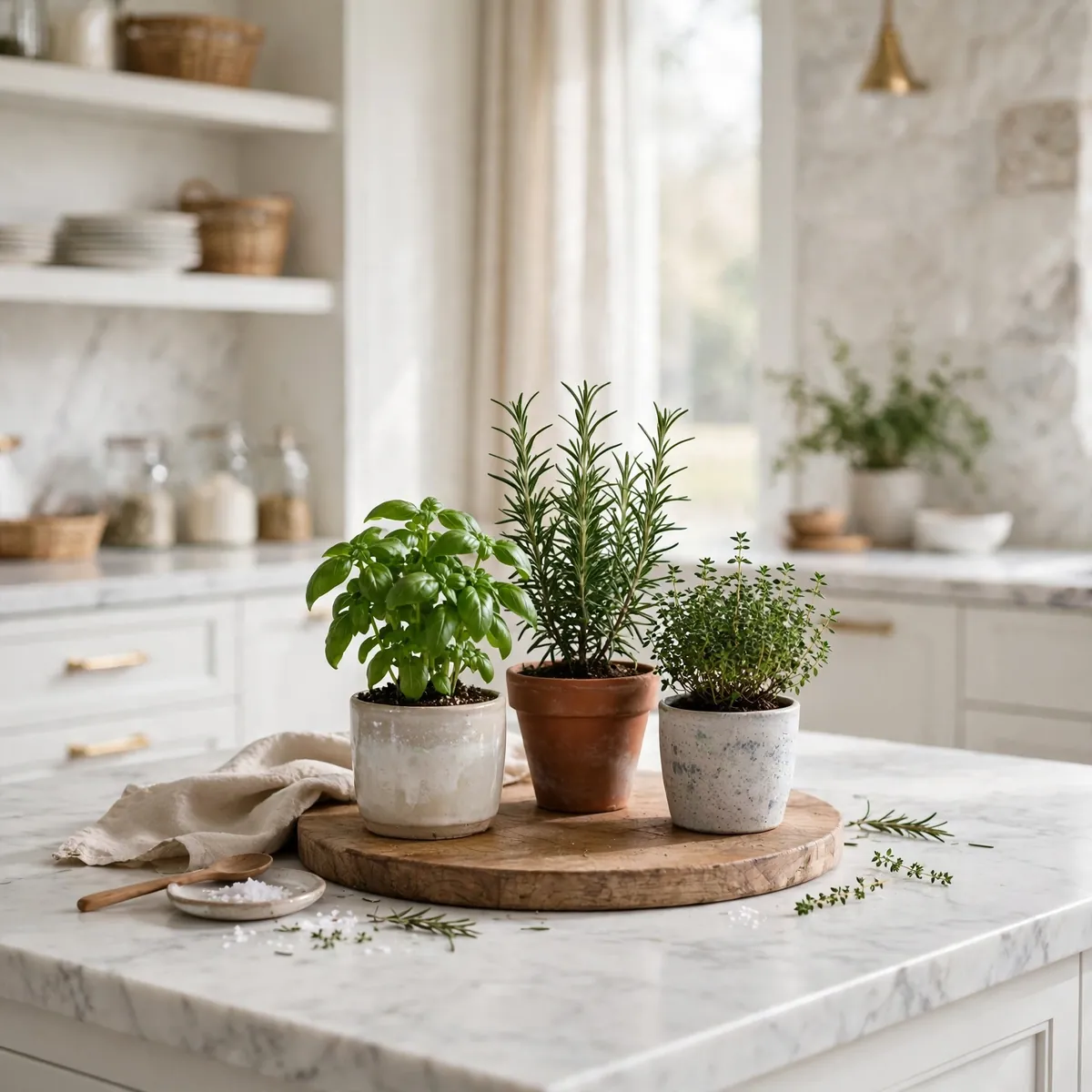 kitchen island decor ideas: small potted basil rosemary and thyme plants on a round wooden board on a marble island