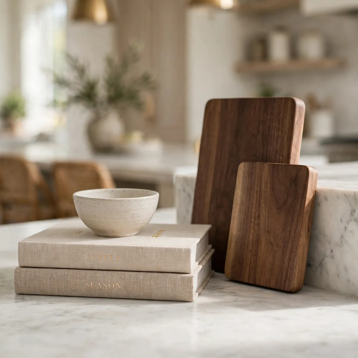 kitchen island decor ideas: stacked linen cookbooks with leaning walnut cutting boards on a kitchen island corner