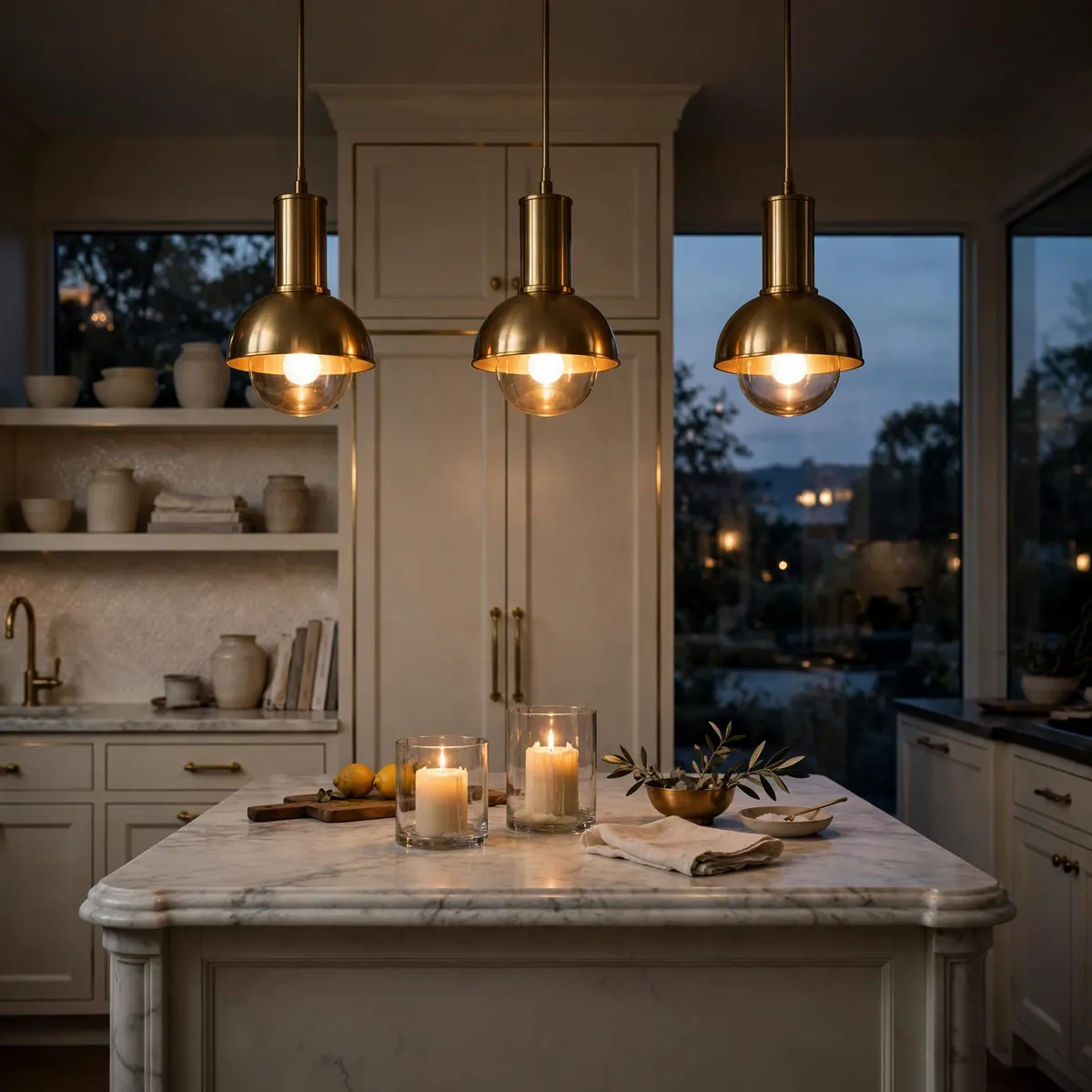 kitchen island decor ideas: kitchen island at dusk with glowing brass pendant lights and lit candles on the countertop