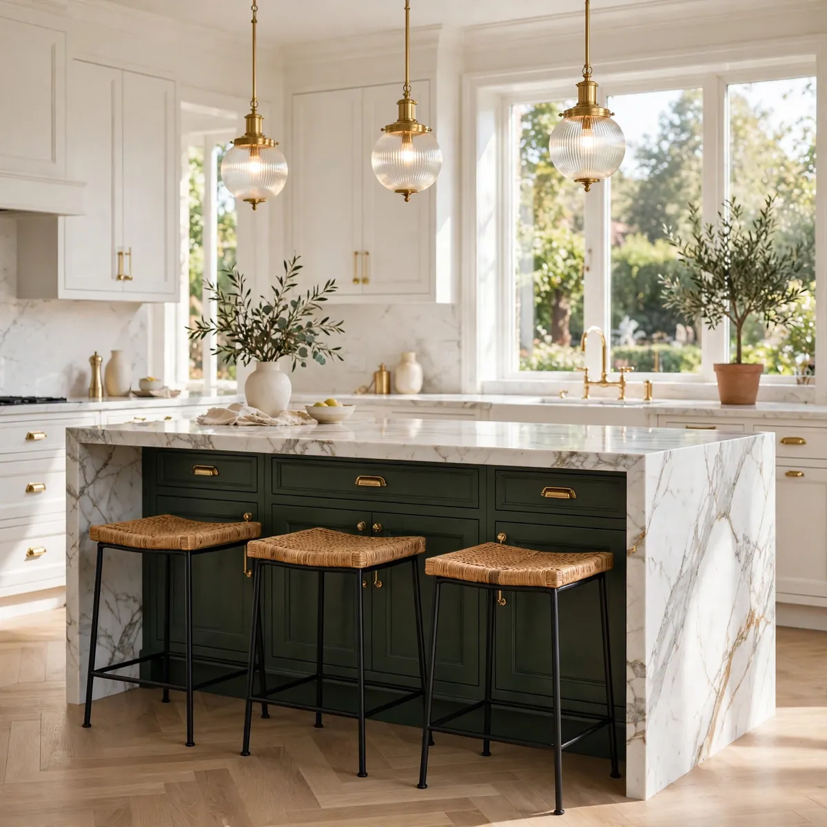 kitchen island decor ideas: dark green kitchen island with woven rattan counter stools and marble waterfall countertop