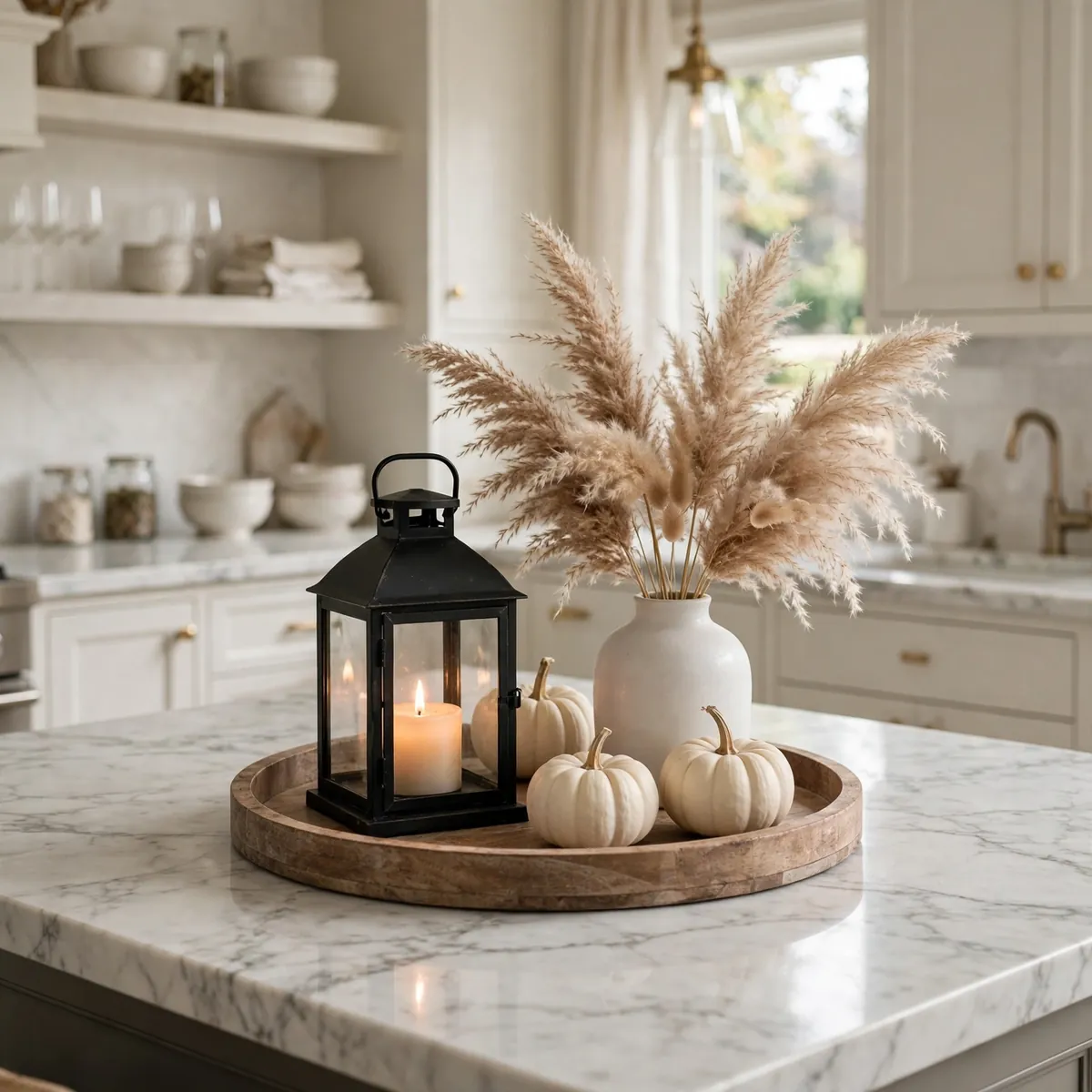 kitchen island decor ideas: seasonal tray vignette with black lantern lit candle and white pumpkins on a marble island