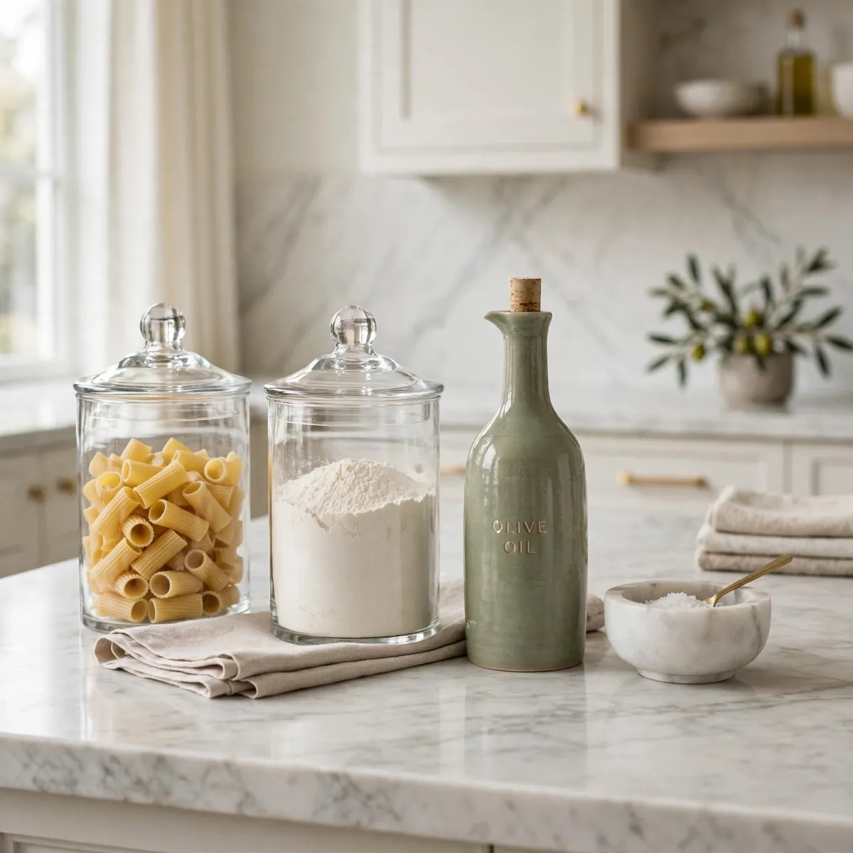 kitchen island decor ideas: glass canisters with pasta and flour and a ceramic olive oil bottle arranged on a marble island