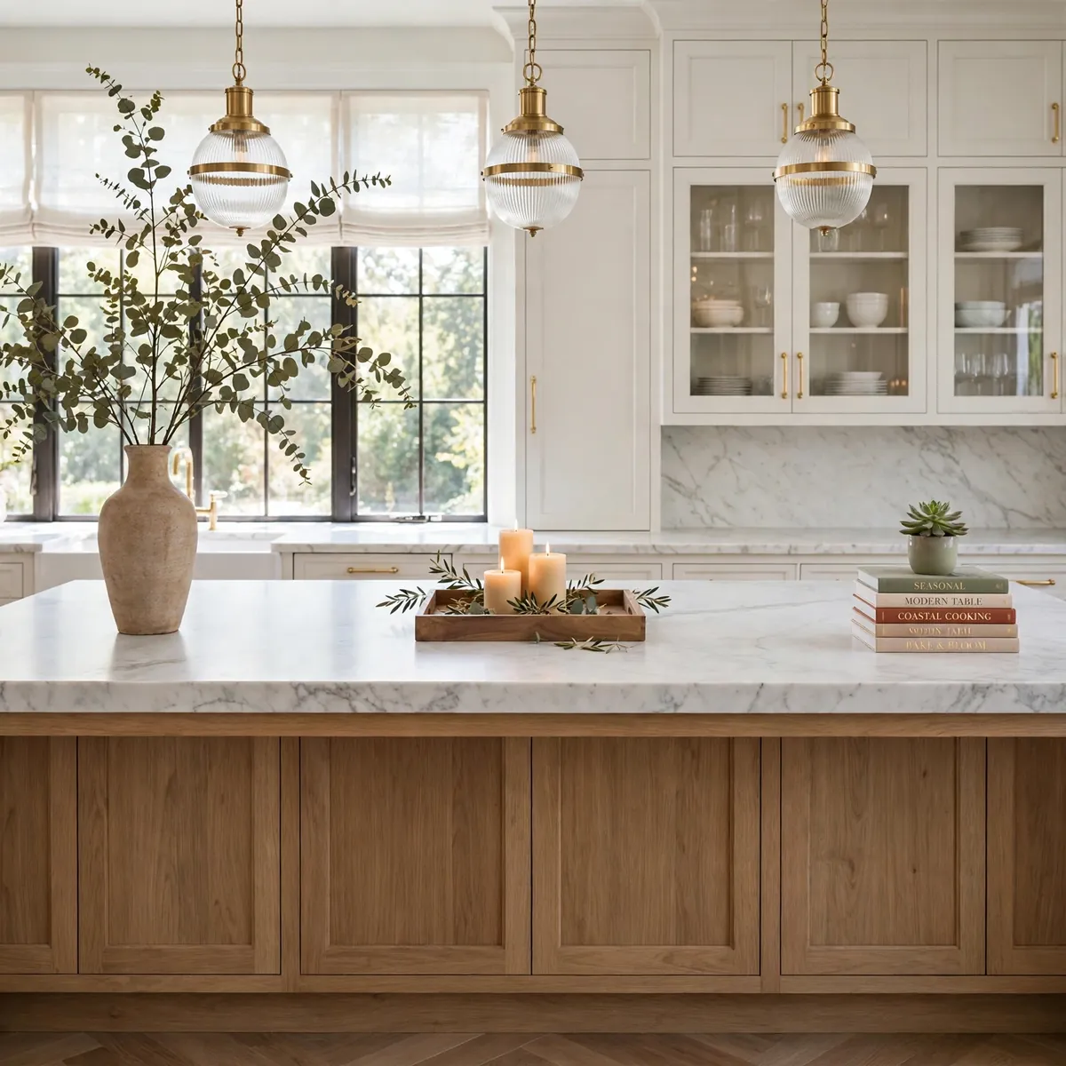 kitchen island decor ideas: extra-large kitchen island styled in three decor zones with clear counter space between them