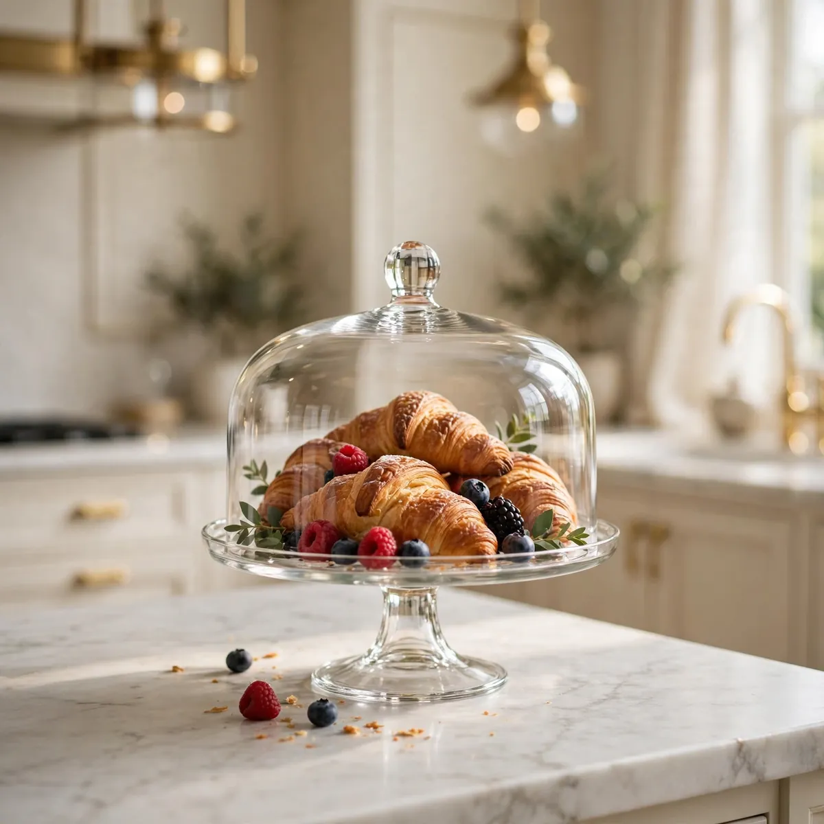 kitchen island decor ideas: glass cake stand with a dome of fresh croissants and berries on a kitchen island