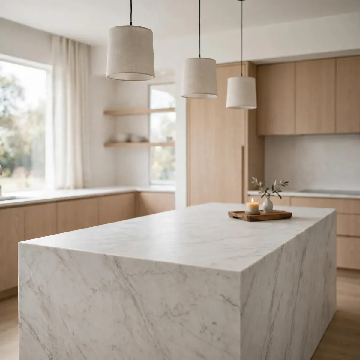 kitchen island decor ideas: mostly clear marble kitchen island with a single small tray and candle at one far end