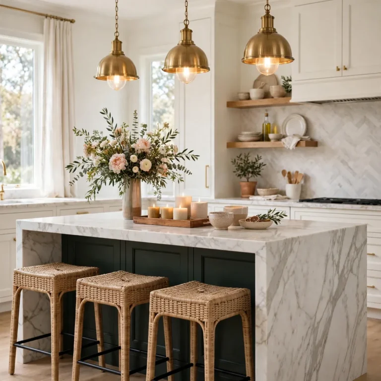 kitchen island decor ideas: beautifully styled kitchen island with tray, ceramics, and greenery