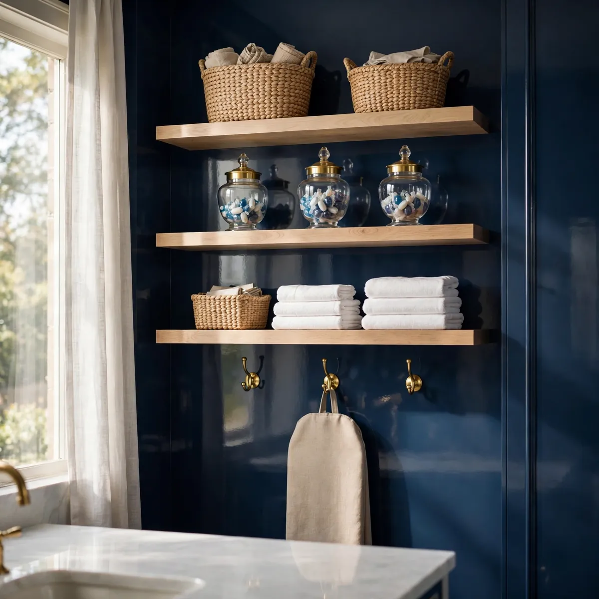laundry room decor ideas: navy walls with open oak shelves, woven baskets and glass storage jars