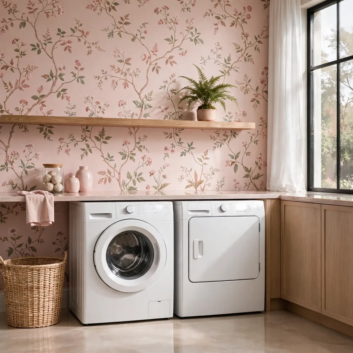 laundry room decor ideas: blush botanical wallpaper accent wall behind white washer and dryer
