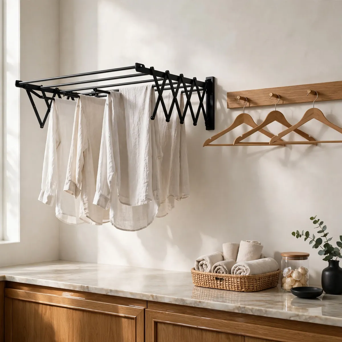 laundry room decor ideas: matte black accordion drying rack on linen-white wall with oak peg rail