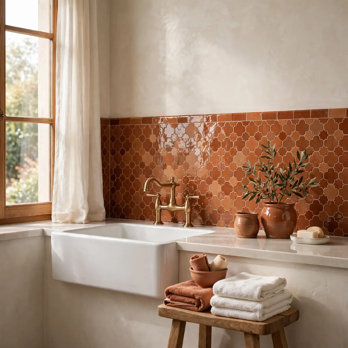 laundry room decor ideas: terracotta zellige tile backsplash behind a white farmhouse utility sink