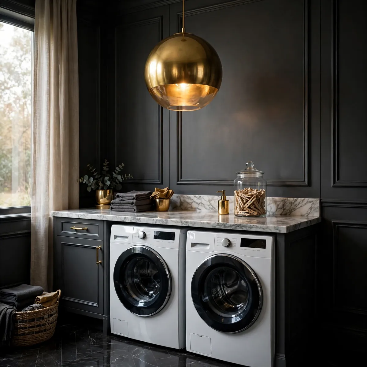 laundry room decor ideas: charcoal walls with a glowing gold globe pendant over a marble folding counter