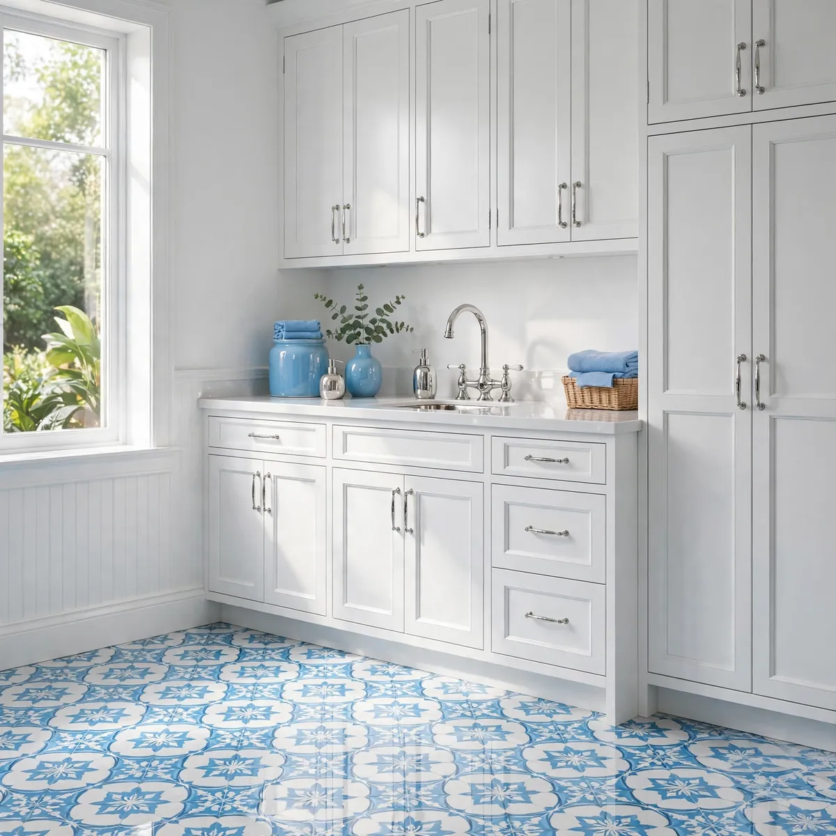 laundry room decor ideas: sky-blue and white patterned floor tiles with chrome fixtures