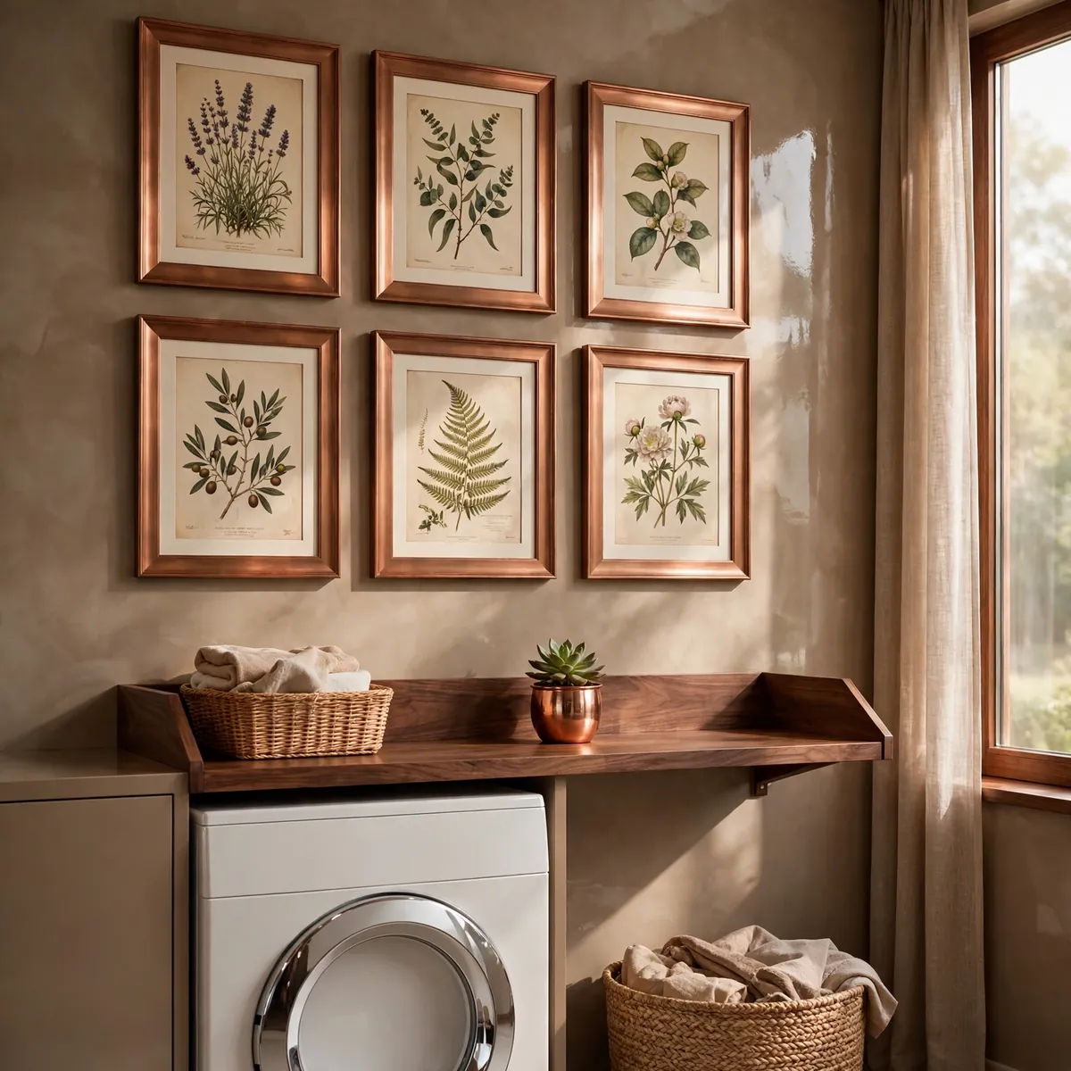 laundry room decor ideas: copper-framed art gallery wall on warm taupe plaster