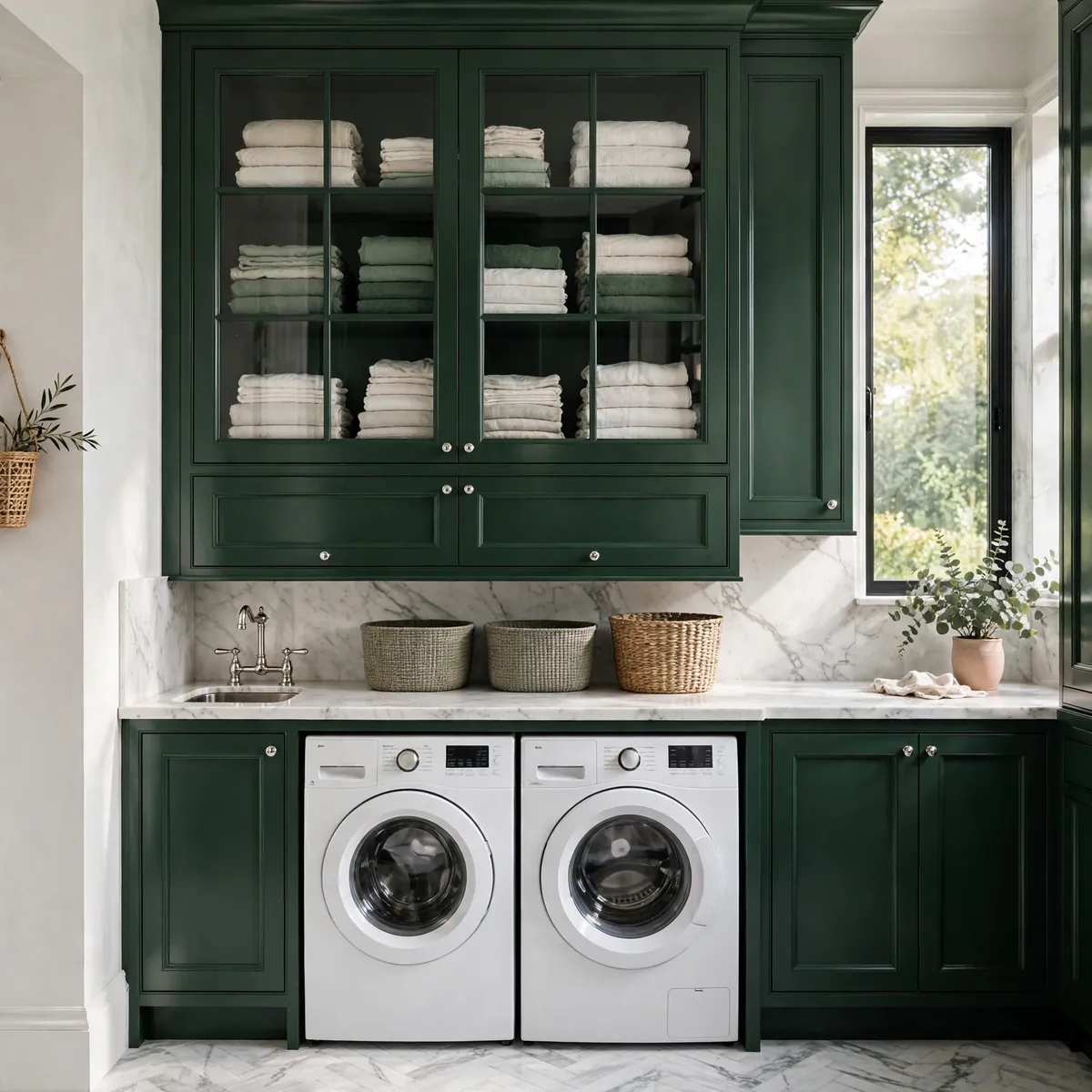 laundry room decor ideas: forest-green storage hutch with marble countertop and labeled bins