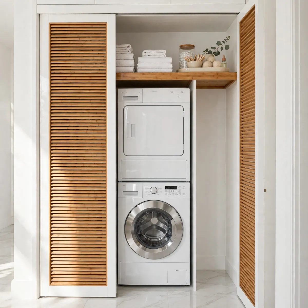 laundry room decor ideas: crisp white laundry closet with bamboo shelf and louvered doors