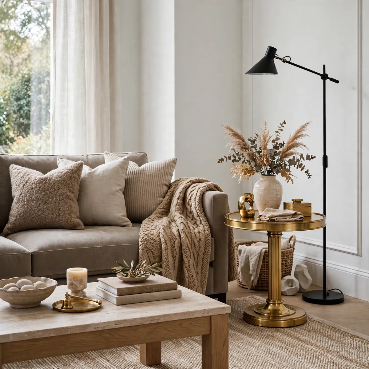 living room color psychology: Adaptable Taupe With Warm Metal Touches