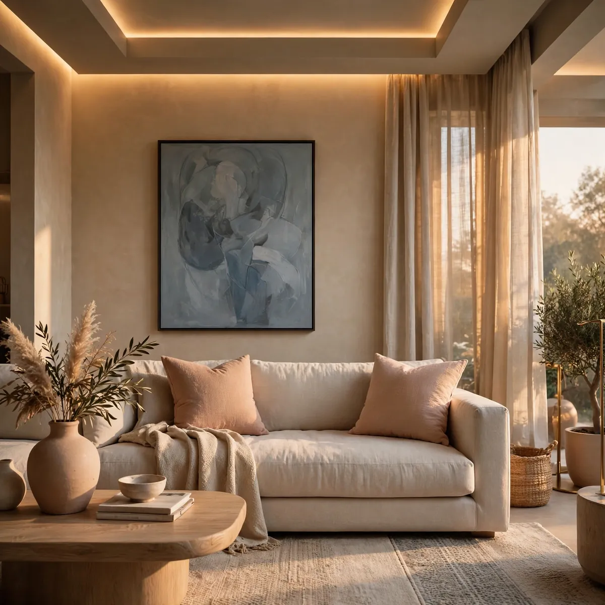 living room color psychology: Warm Greige and Terracotta for Golden-Hour Richness