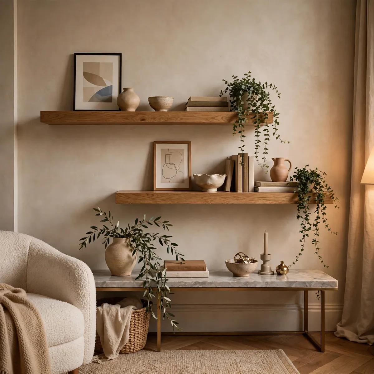 living room wall art ideas: Style Floating Shelves Like a Gallery